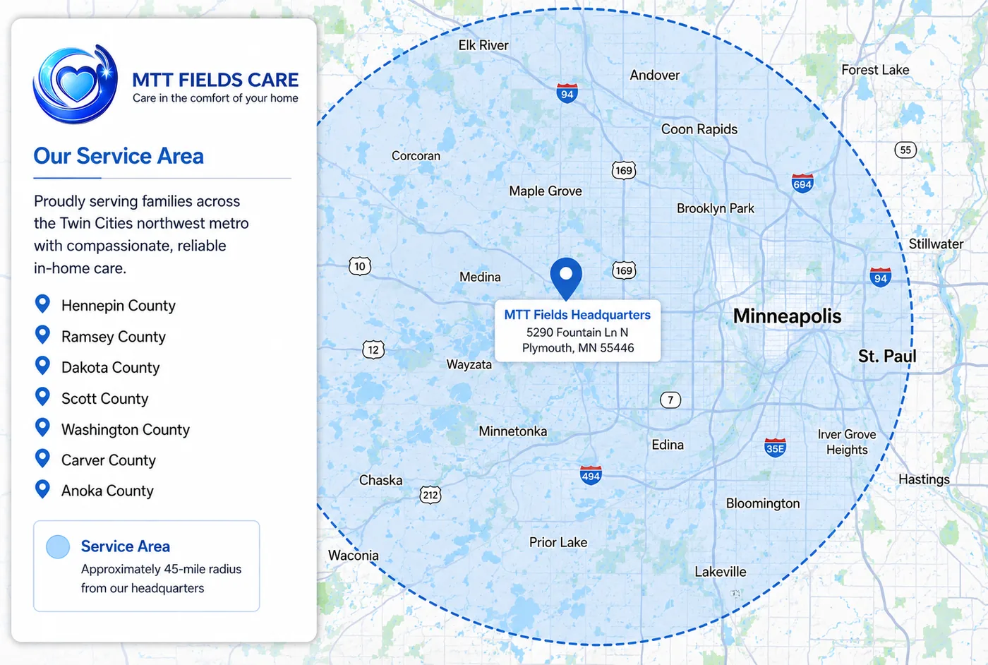 Map of the MTT Fields Care service area across the Twin Cities metro, headquartered in Plymouth, Minnesota